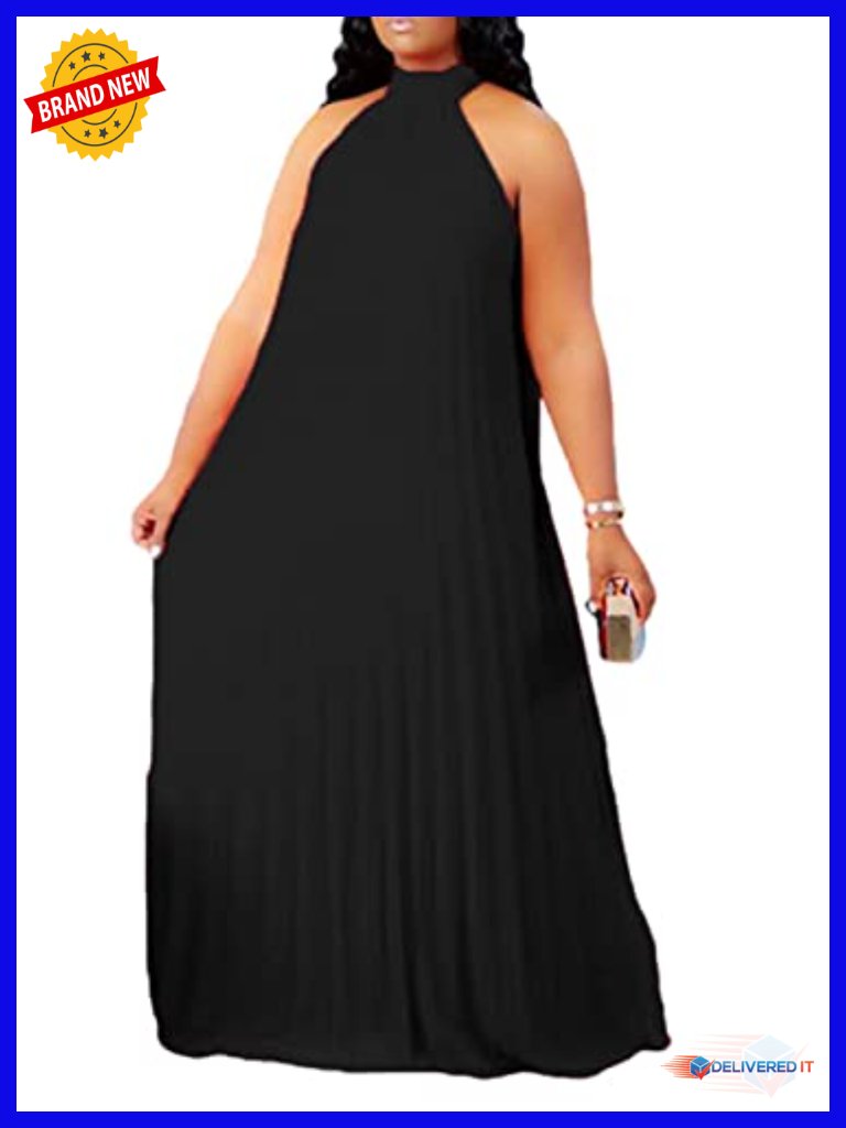 Plus Size Chiffon Halter Neck Sleeveless Pleated A-Line Maxi Dress
